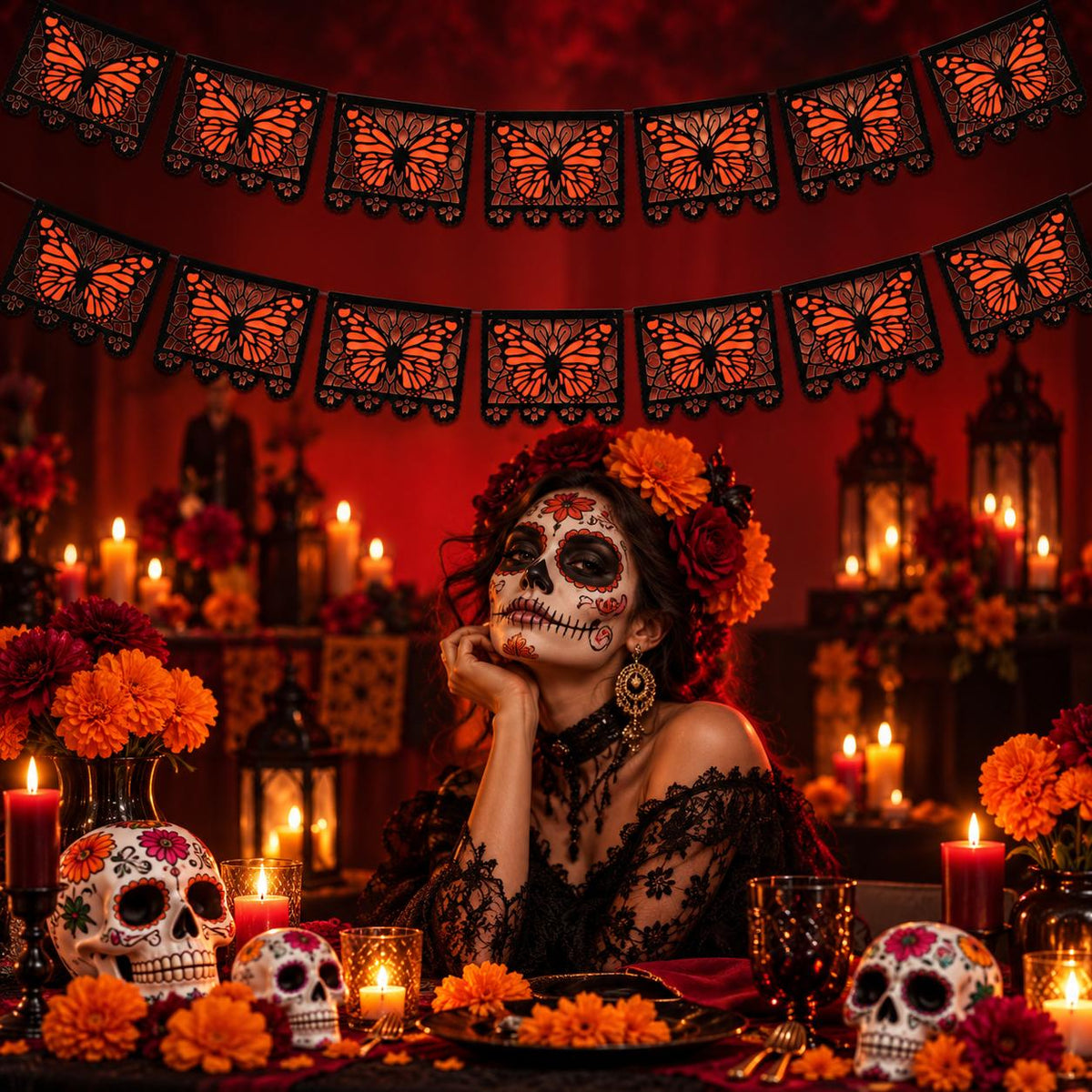 🔥LAST DAY 50% OFF - 🦋 Monarch Butterfly Día de los Muertos Banner | 9.8FT Black & Orange Papel Picado-Style Garland 🌺