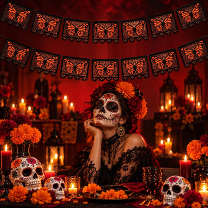 🔥LAST DAY 50% OFF - 🦋 Monarch Butterfly Día de los Muertos Banner | 9.8FT Black & Orange Papel Picado-Style Garland 🌺