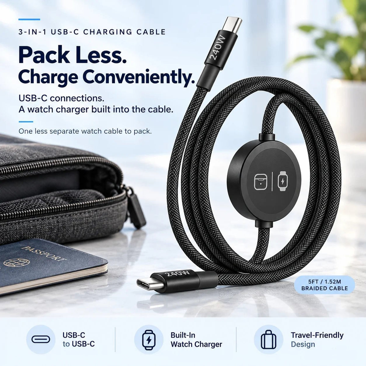 🔌 3-in-1 USB-C Charging Cable with Built-In Watch Charger – 5FT Braided Travel Cord for Compatible Phones, Watches & Earbud Cases