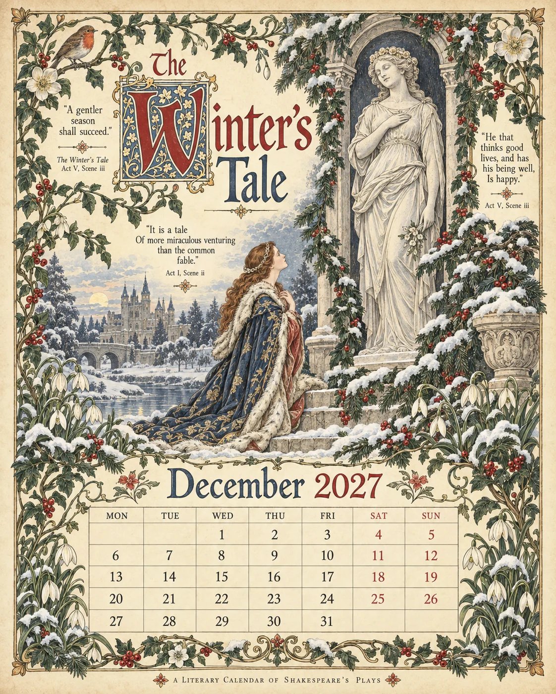🗓️ A Vintage Literary Year 2027 – ✨ 12 Plays Through the Seasons | Vintage Illustrated Wall Calendar