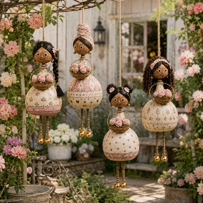 Handcrafted Folk Art Hanging Doll Ornaments – 4-Piece Rotating Decorative Set