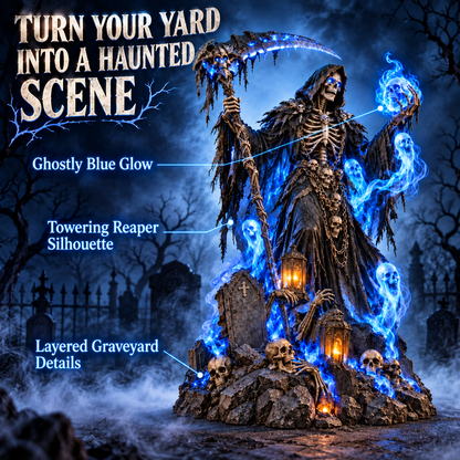Giant Haunted Soul Reaper Lighted Halloween Yard Decoration – Glowing Grim Reaper with Ghostly Blue Spirits