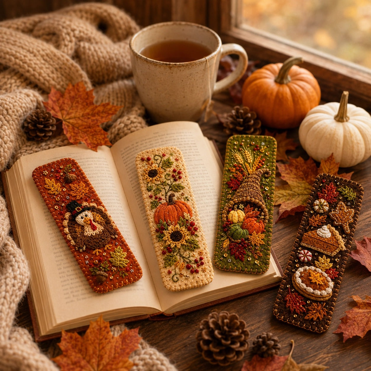 🍁 4-Piece Thanksgiving Embroidered Felt Bookmark Set