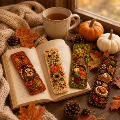 🍁 4-Piece Thanksgiving Embroidered Felt Bookmark Set