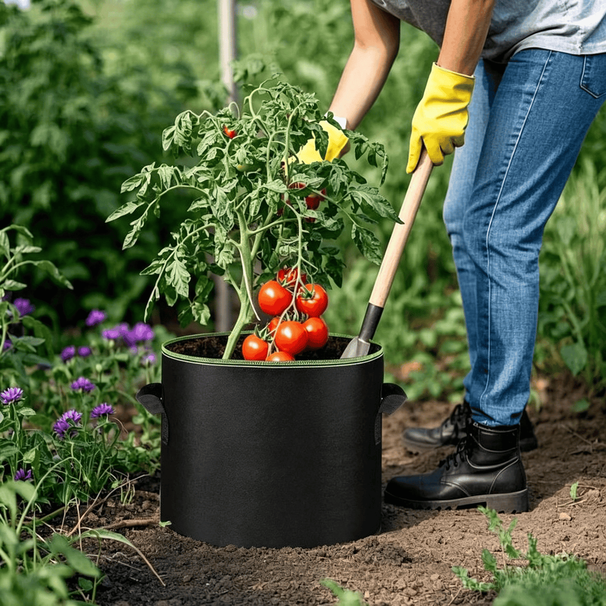 Gardener tending a tomato plant in a fabric grow bag with reinforced handles
