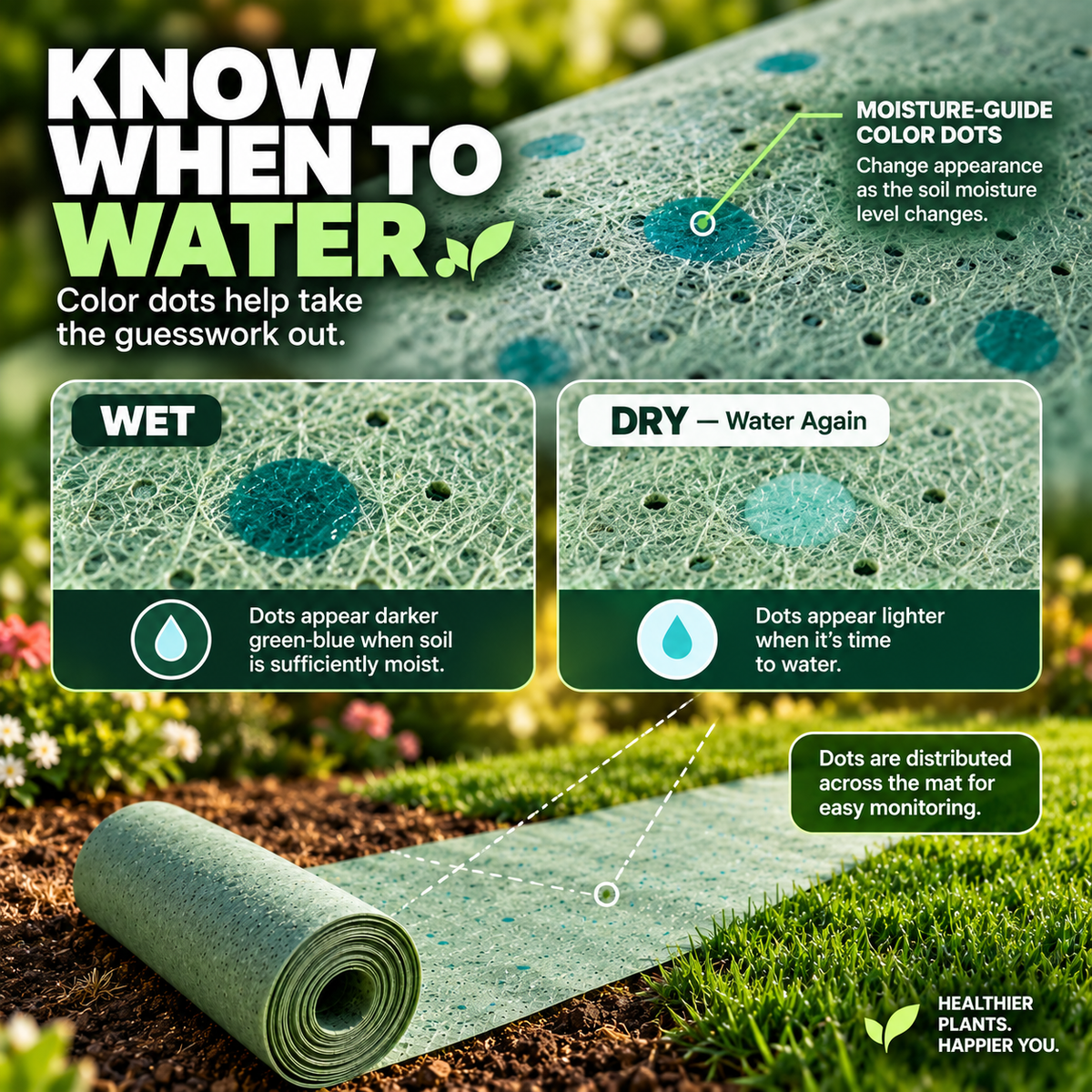 Moisture-guide color dots show when the lawn repair cover is drying