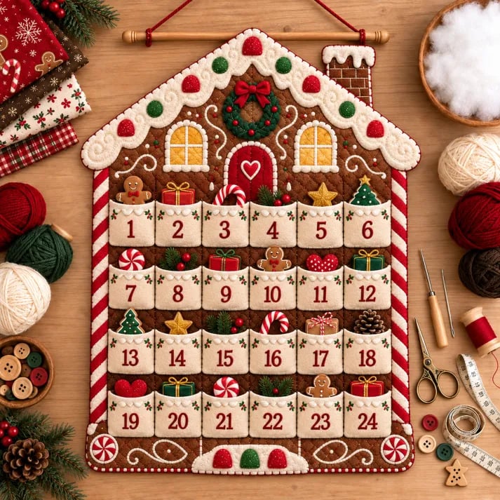 🎄🧵DIY Patchwork Christmas Advent Calendar Kit – 🪡Handmade 24-Pocket Quilted Countdown Wall Hanging | 5 Festive Designs