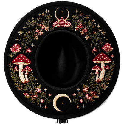 🖤 Gothic Embroidered Wide Brim Fedora Hat 🌙