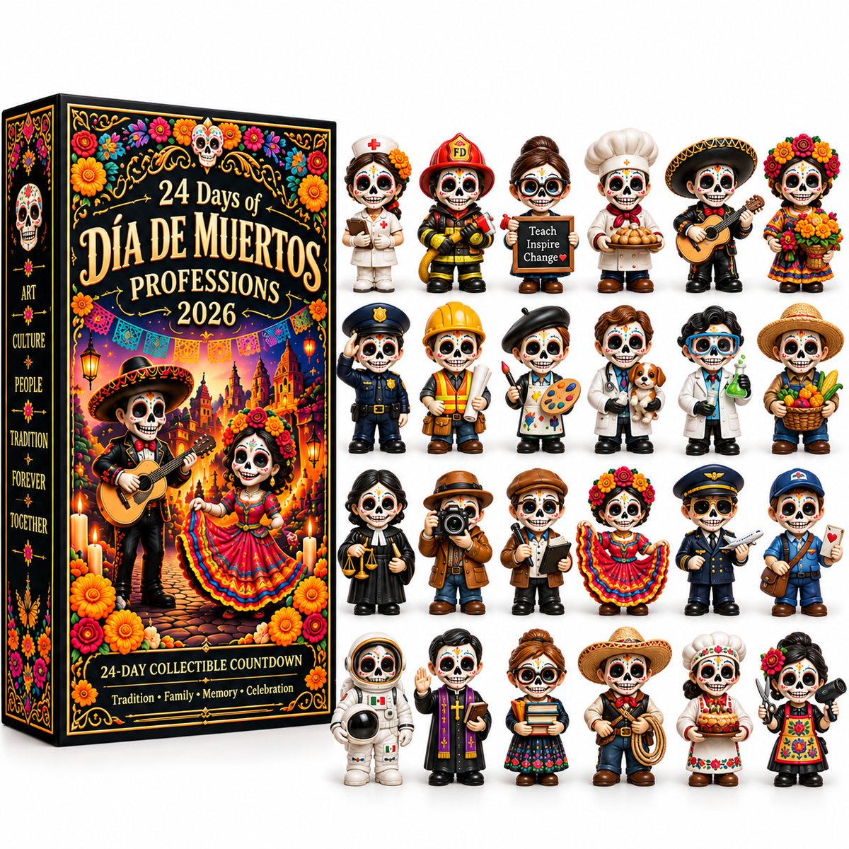 24 Days of Día de Muertos Professions 2026 – 24-Day Collectible Countdown Calendar with 24 Unique Profession Miniatures, Colorful Day of the Dead Gift Collection