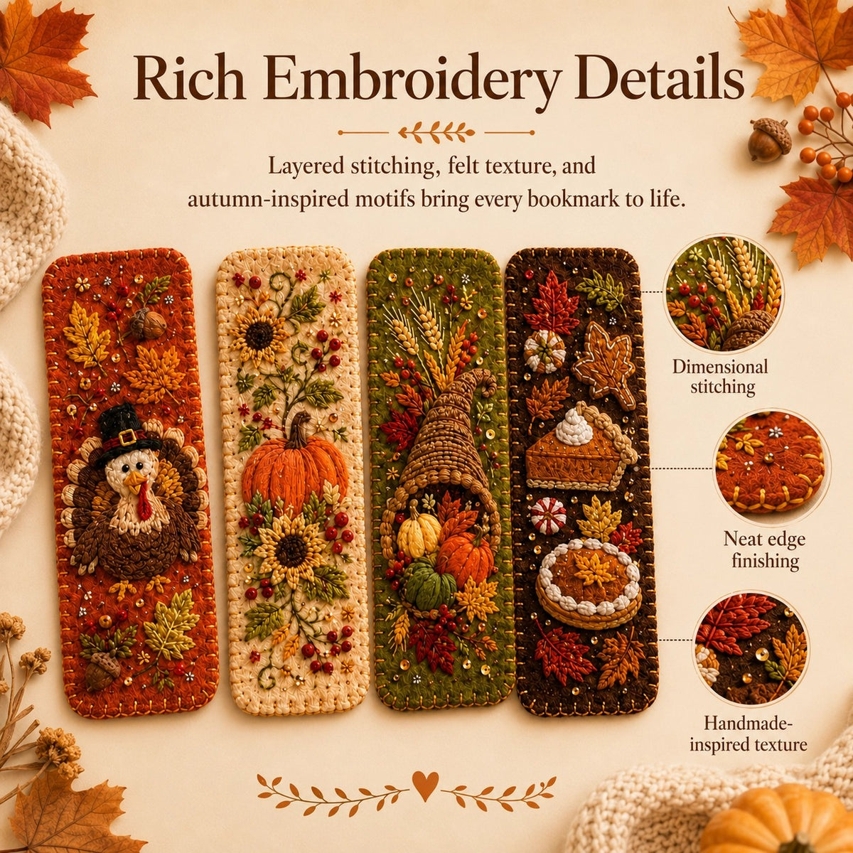 🍁 4-Piece Thanksgiving Embroidered Felt Bookmark Set
