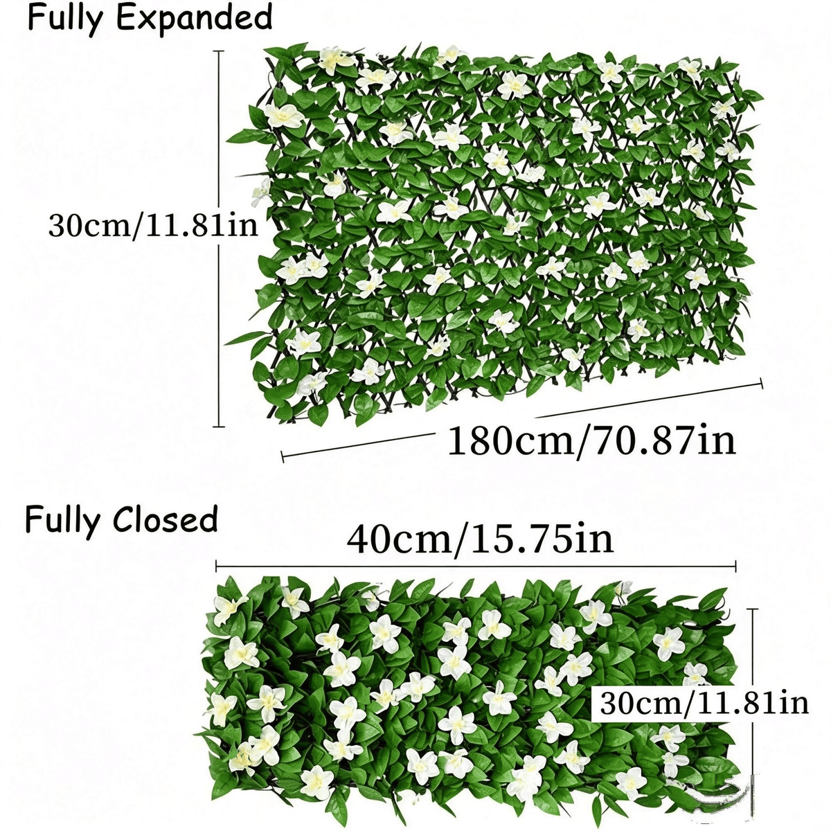 🔥HOT SALE🔥Extendable Simulation Rattan Fence with White Flowers Decorating Green Leaves, Stretchable Folding Design, Privacy Shielding Courtyard Balcony Walls, Artificial Green Plants