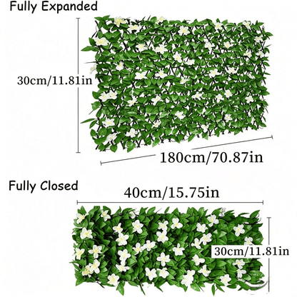 🔥HOT SALE🔥Extendable Simulation Rattan Fence with White Flowers Decorating Green Leaves, Stretchable Folding Design, Privacy Shielding Courtyard Balcony Walls, Artificial Green Plants