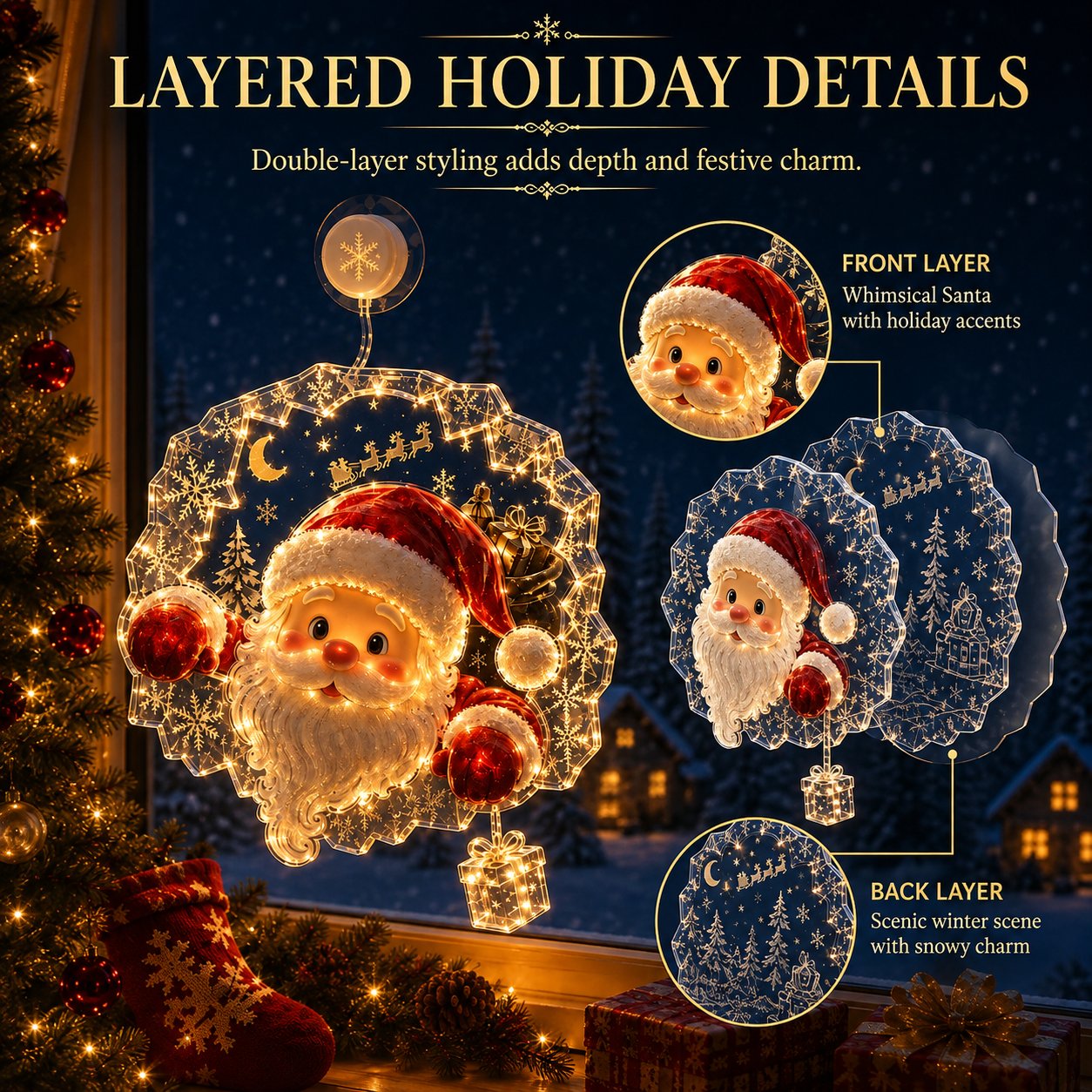 🎄🪟 Festive Glow Window Ornament – Suction-Cup Christmas Light with Layered Holiday Design
