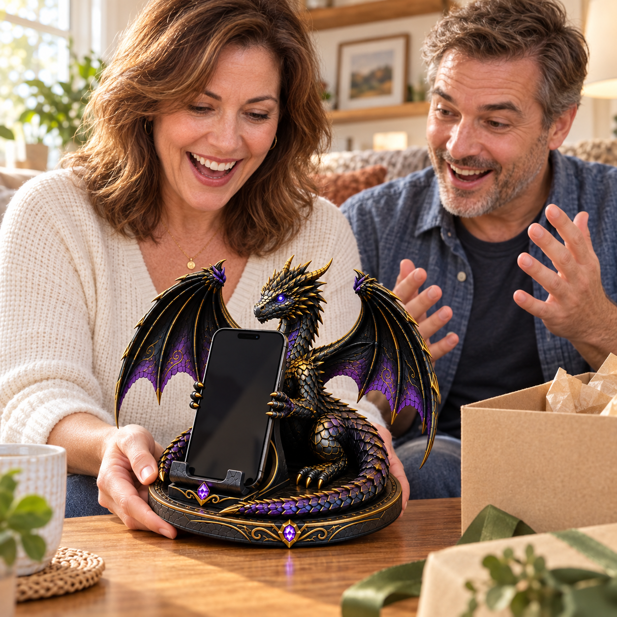 Two adults admiring the dragon phone stand at a table