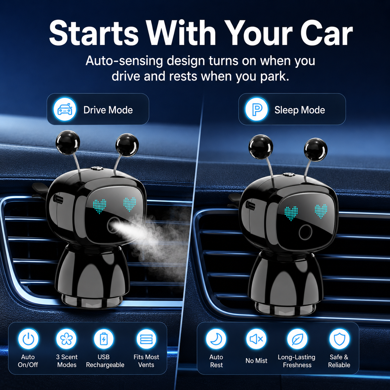 Cute Robot Car Diffuser – Auto-Sensing Mist & LED Vent Freshener
