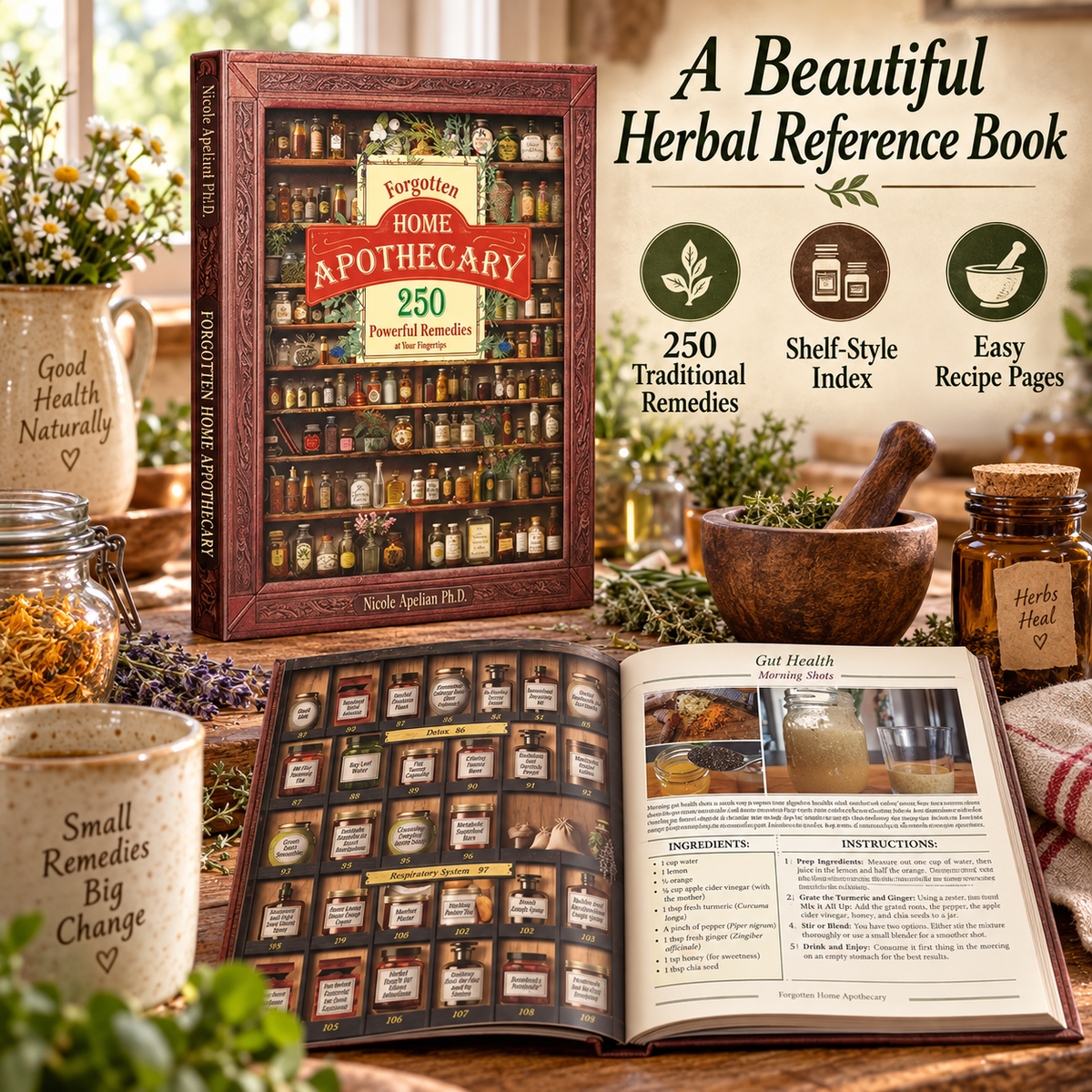 Herbal reference book displayed at home