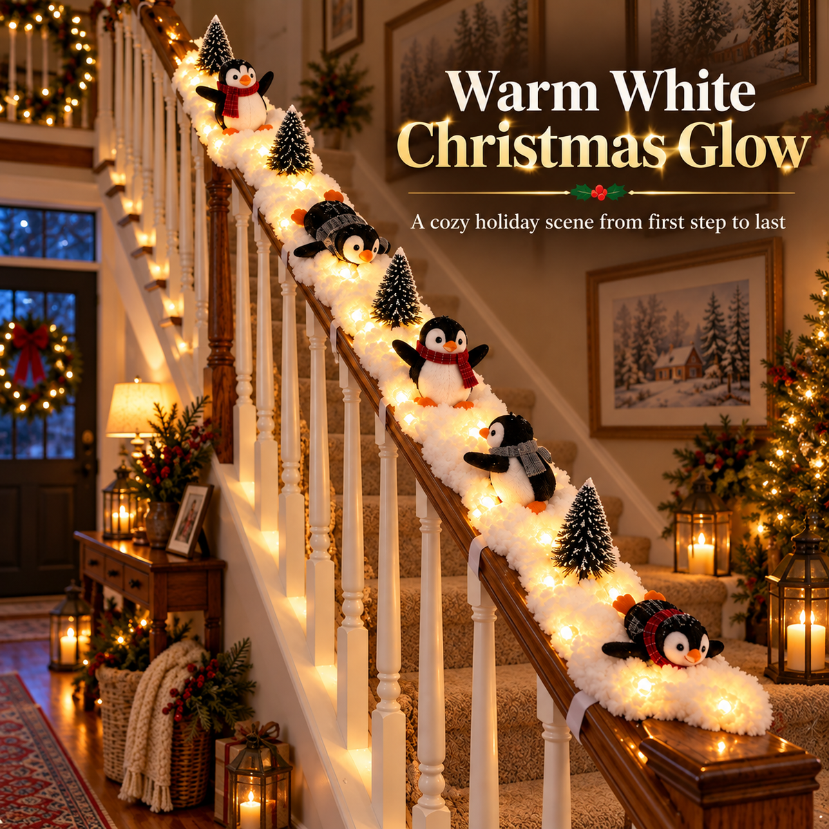 Playful Penguin Snowy Stair Railing Decor