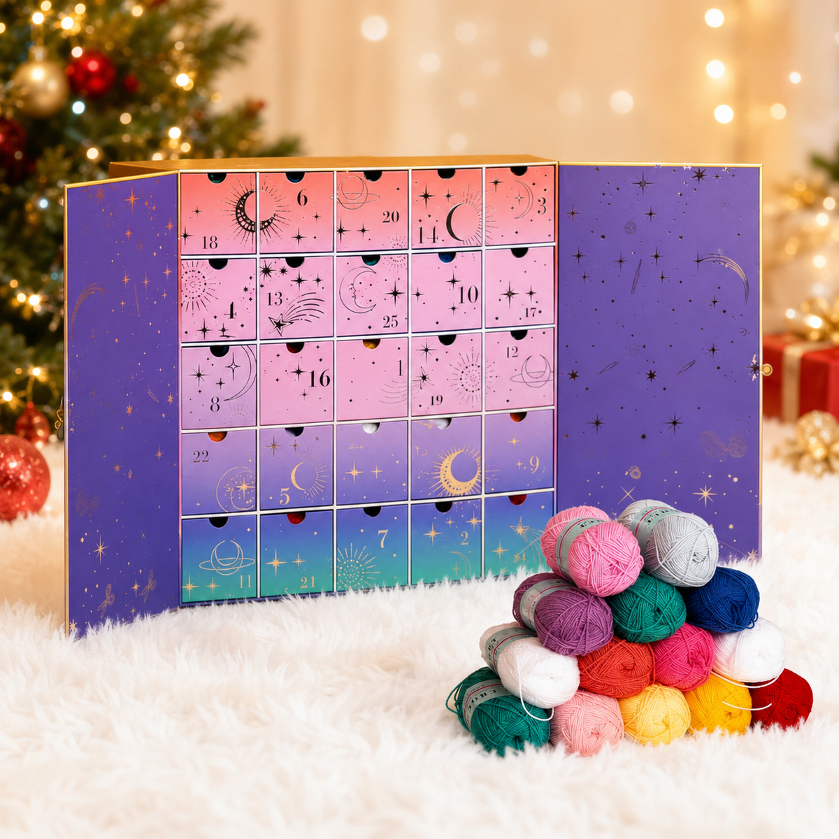 Crochet advent calendar displayed with colorful yarn