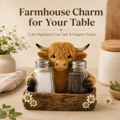 Highland Cow Salt & Pepper Shaker Set with Holder