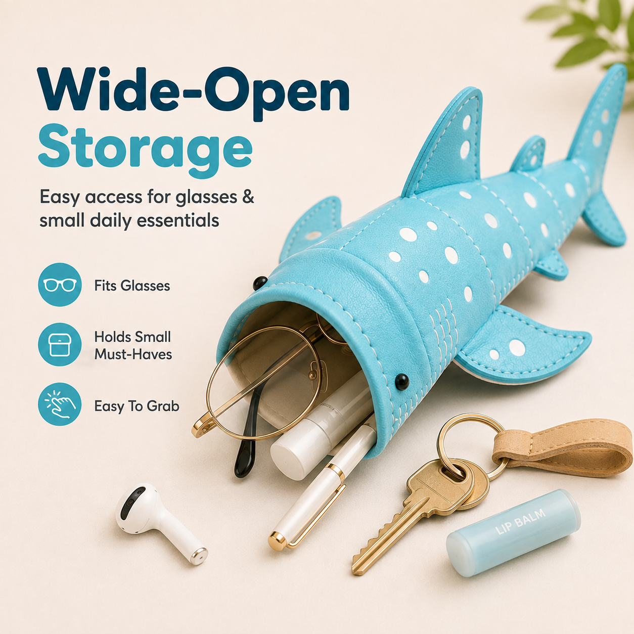 Wide-open shark glasses case storage