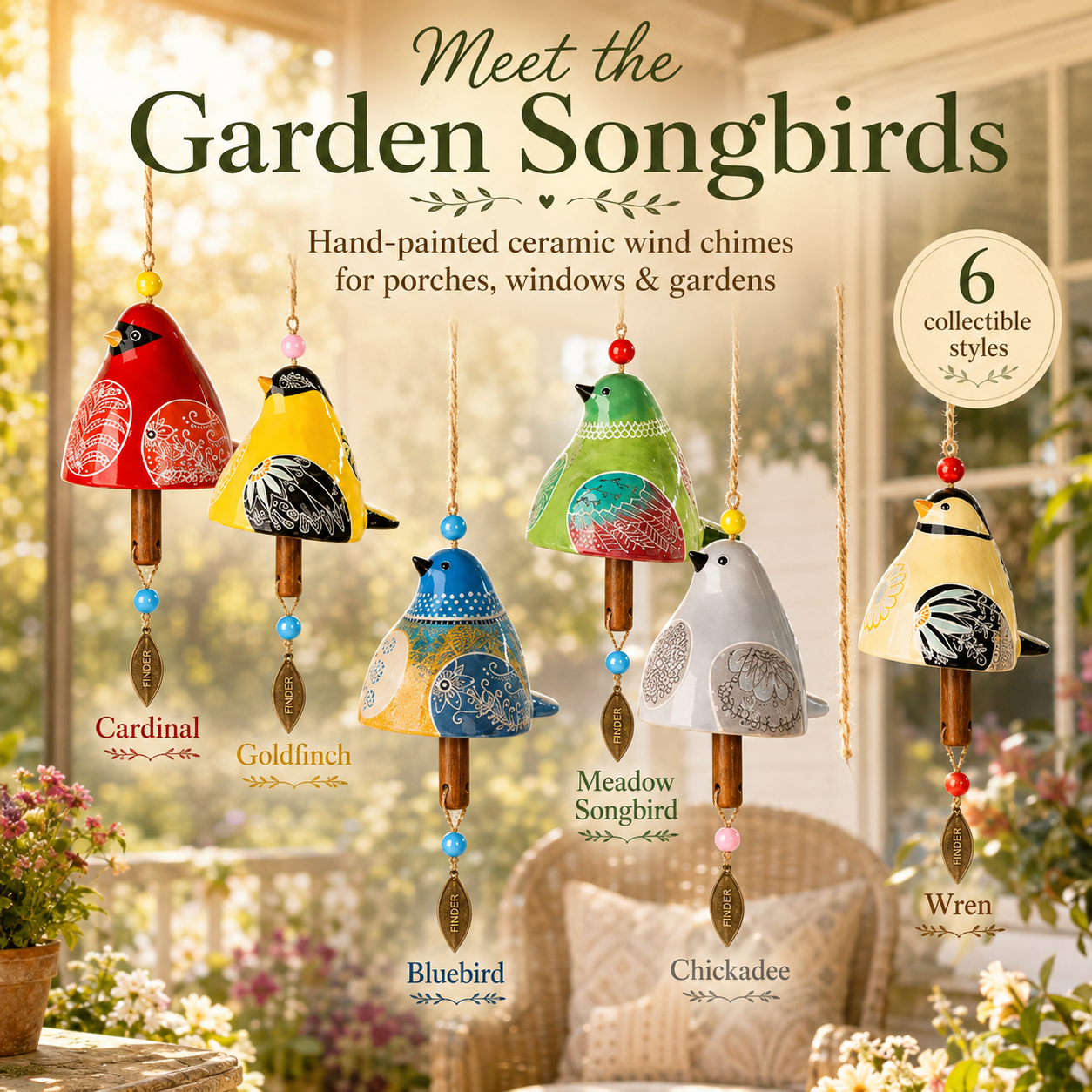 Hand-Painted Resin Bird Wind Chime, Colorful Folk Art Garden Hanging Decor