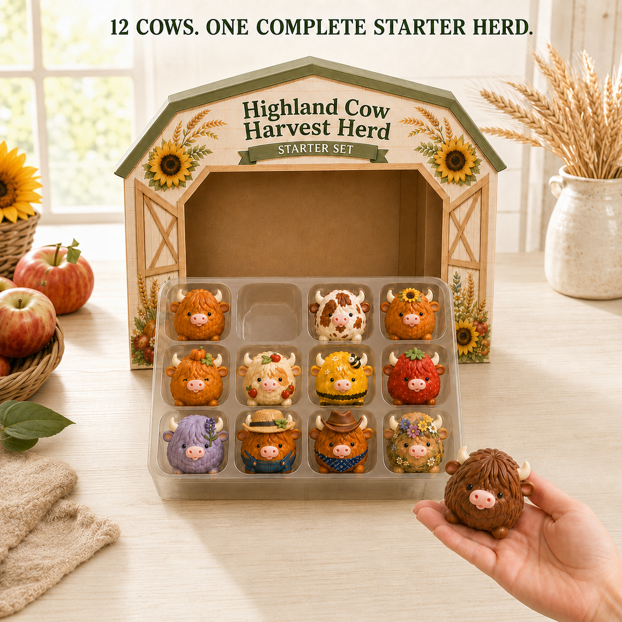 Twelve Highland cow squishies inside the fitted starter tray