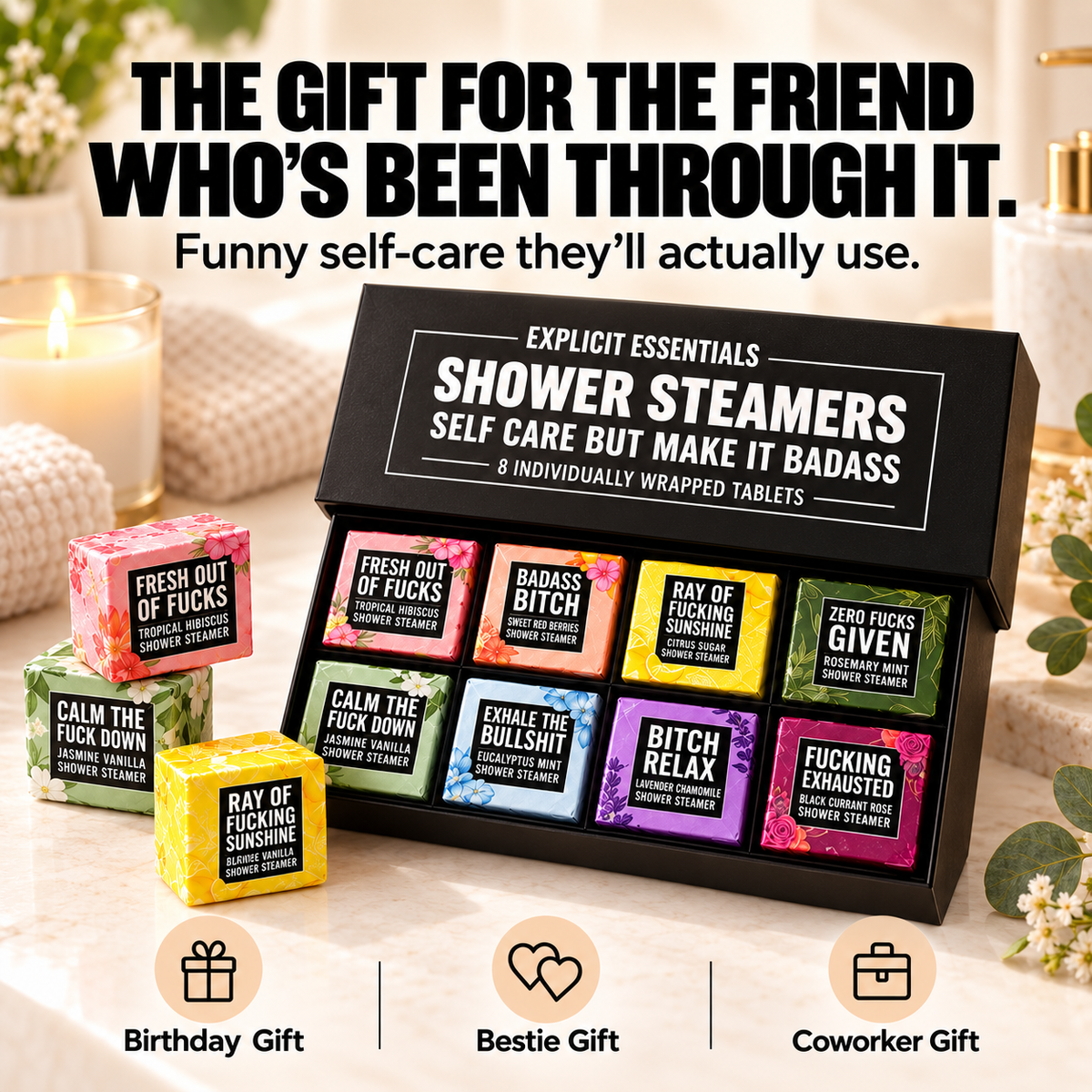 Bad Day Shower Steamers Gift Set – 8 Scented Self-Care Shower Tablets