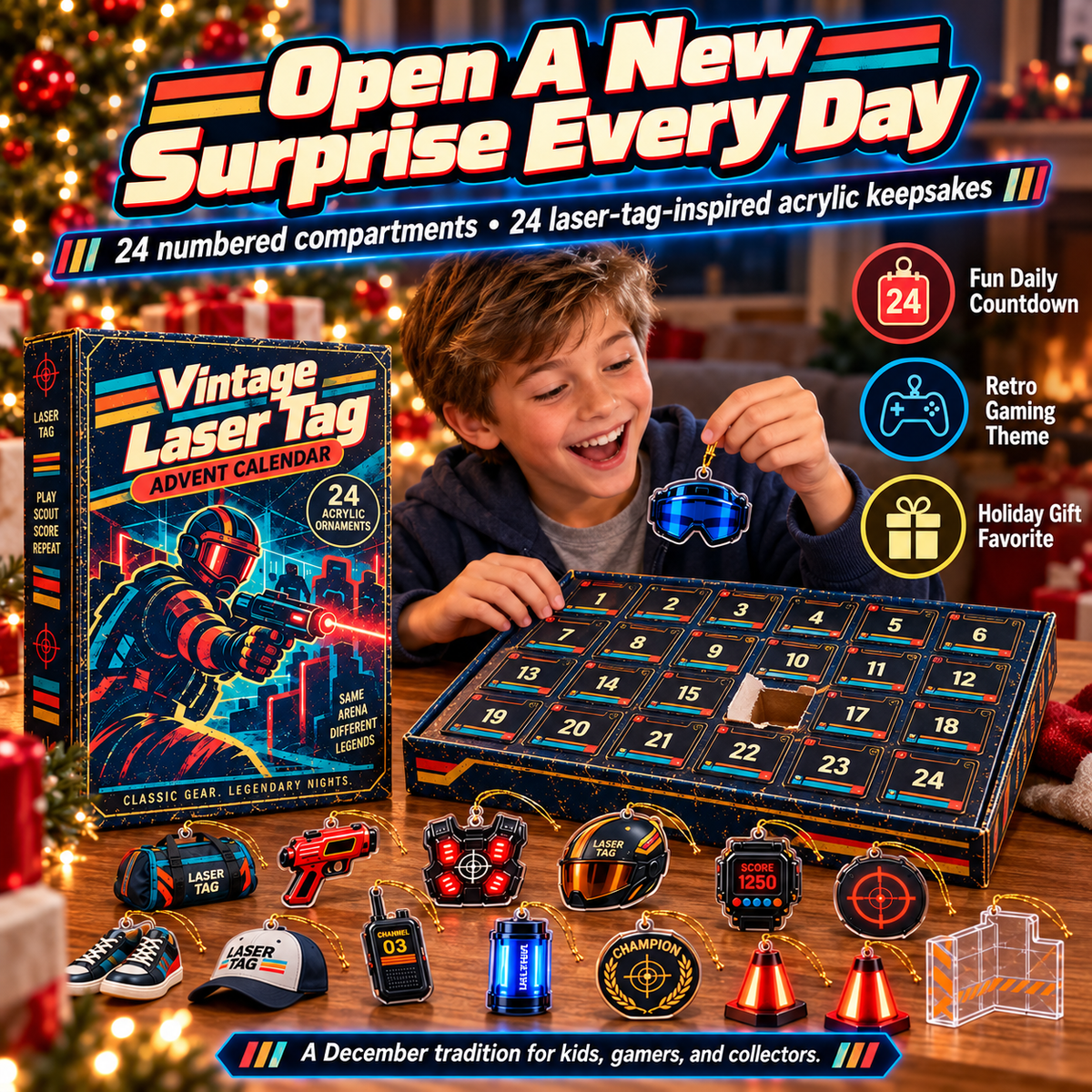 Child opening a daily surprise from the Laser Tag Advent Calendar