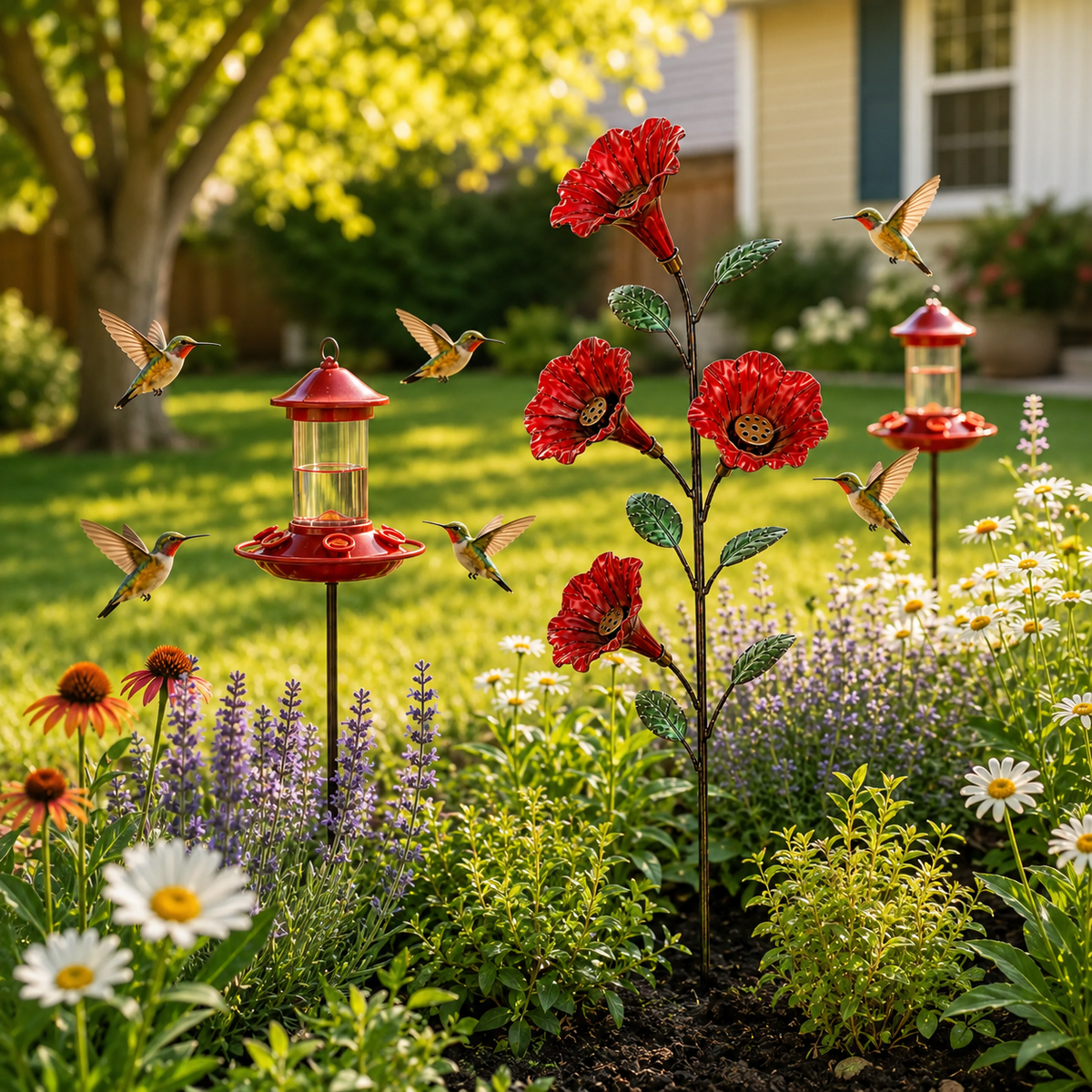 Traditional hummingbird feeder beside decorative flower feeder garden stake