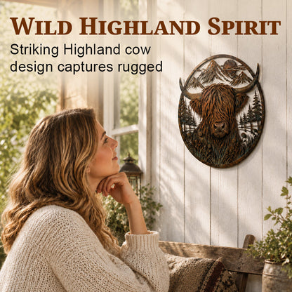 🏔️🐮 Highland Cattle Mountain Silhouette – Rustic Metal Farmhouse Wall Art