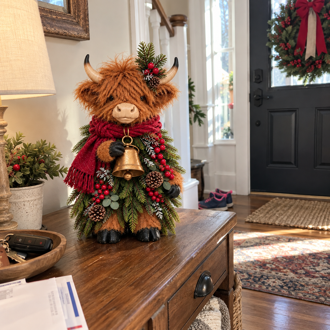 Tabletop Christmas Highland cow on an entryway table