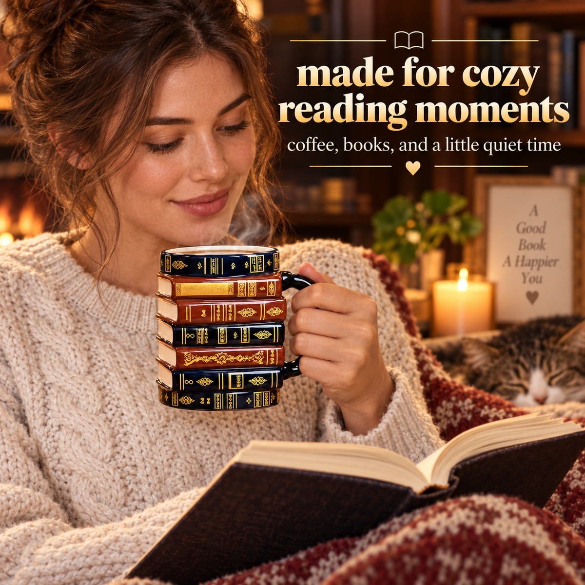 Cozy reading moment with book stack mug
