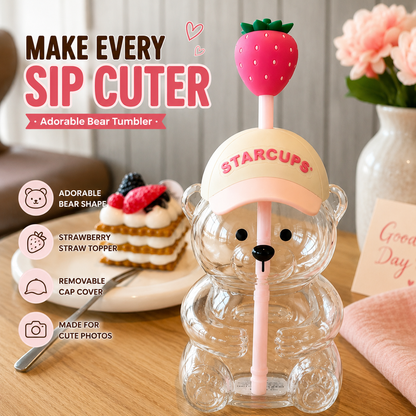 🔥 LAST DAY 55% OFF🐻Cute Teddy Bear Glass Tumbler with Bear Lid & Strawberry Straw – 20oz Reusable Cup