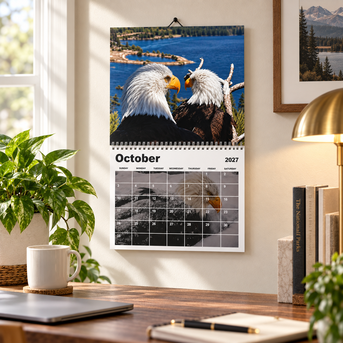 Jackie and Shadow calendar hanging in a home office