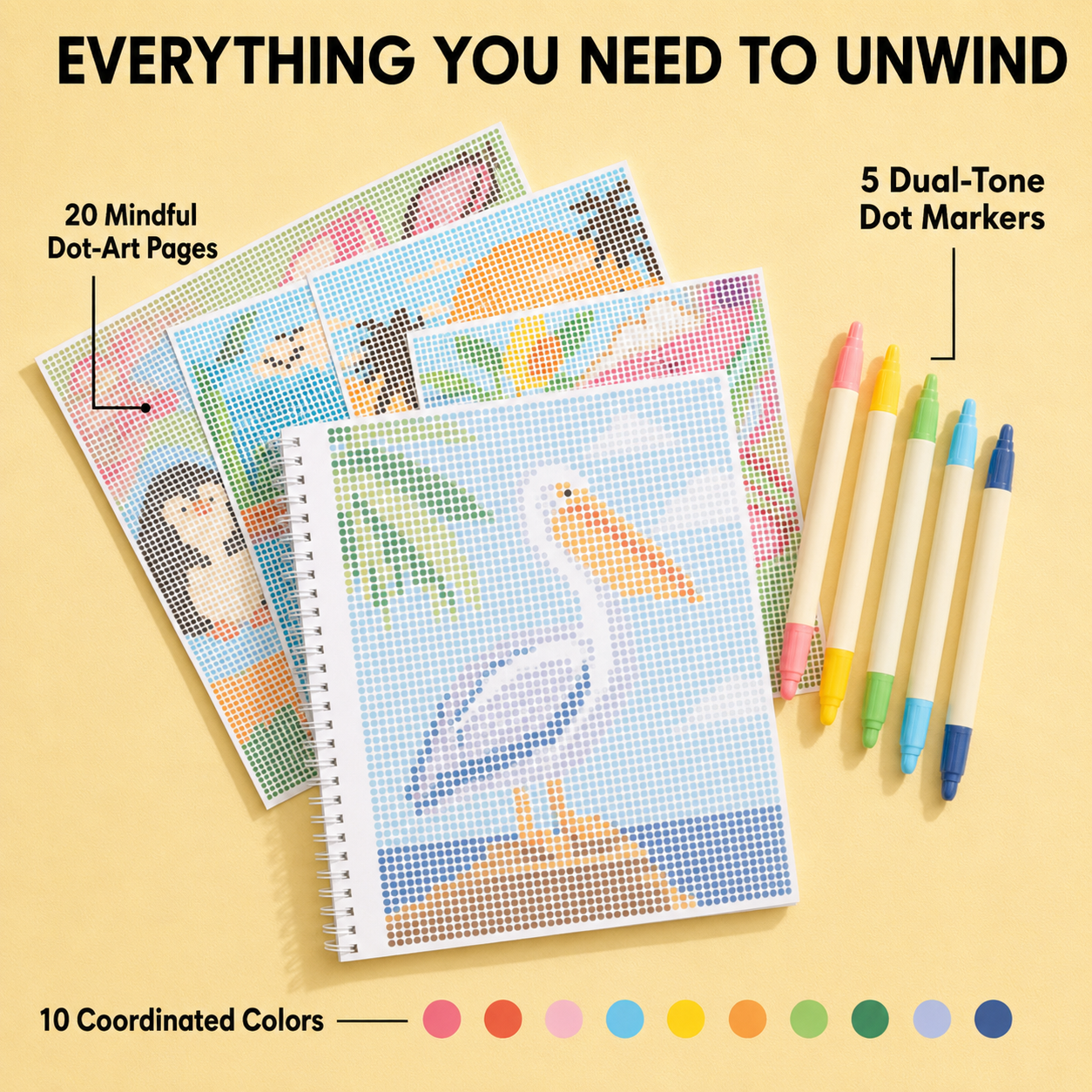 Twenty dot-art pages and five dual-tone dot markers included in the kit