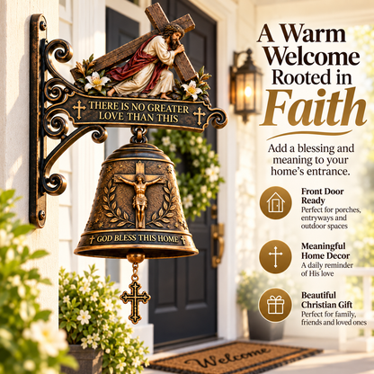 Christian Home Blessing Bell – Jesus Cross Wall Decor for Entryway & Porch