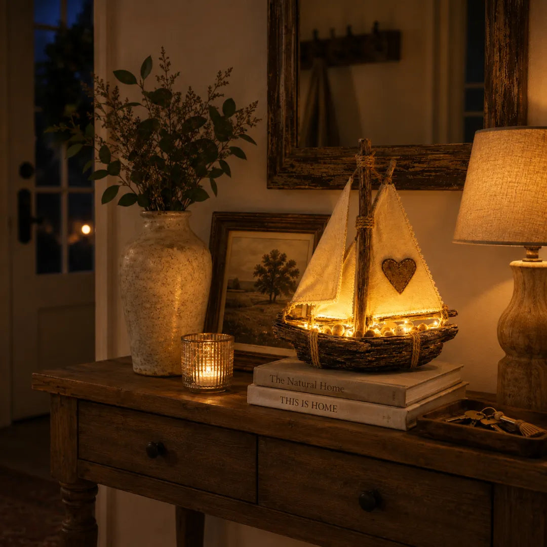 Lighted Rustic Sailboat Decor with Warm LED Glow