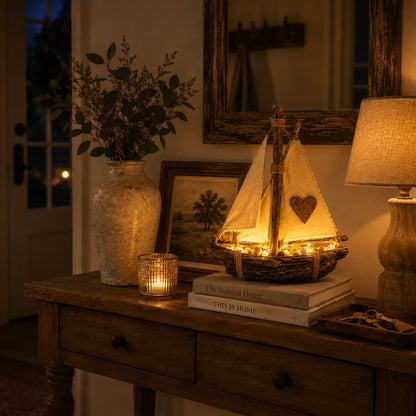 Lighted Rustic Sailboat Decor with Warm LED Glow