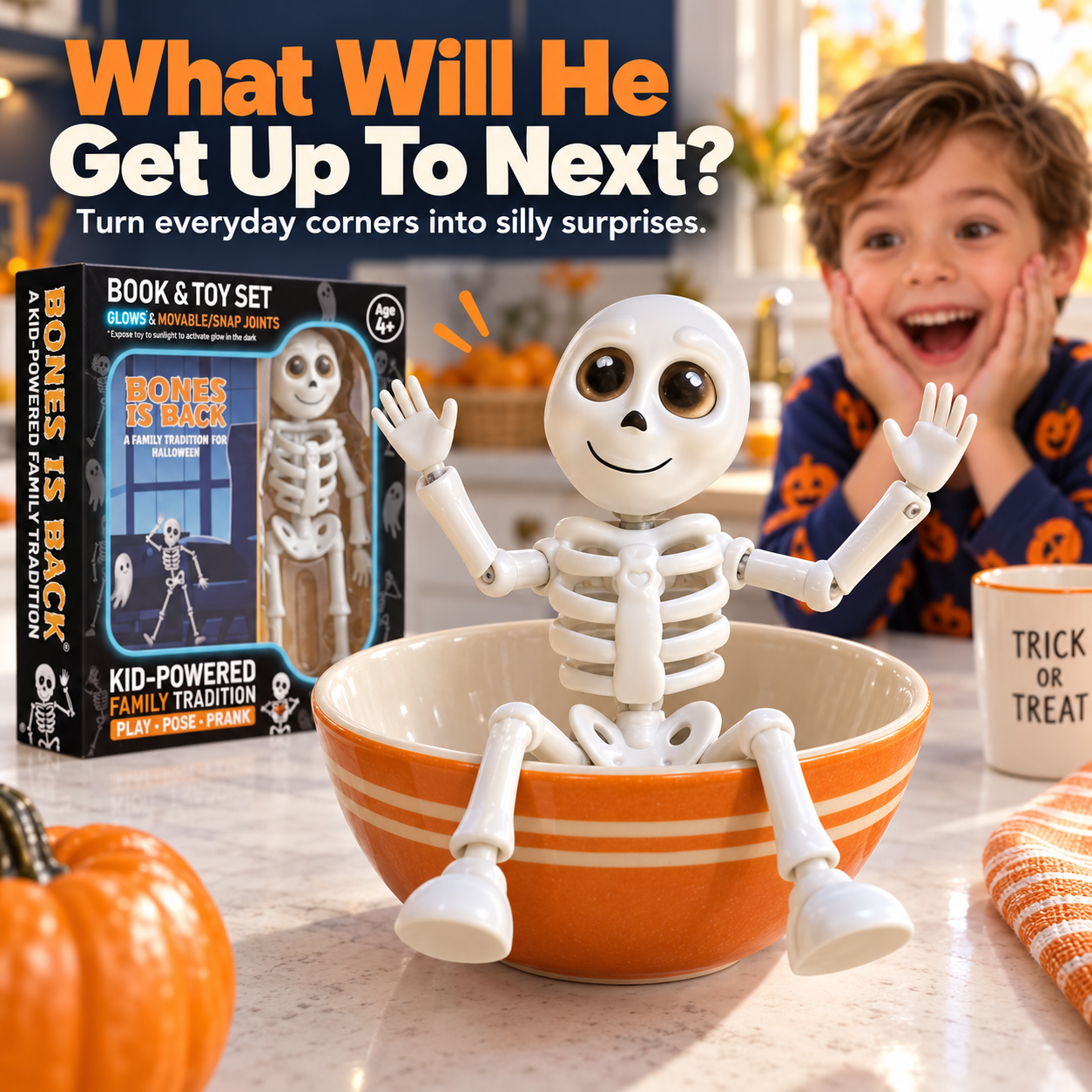 Playful Halloween skeleton surprise