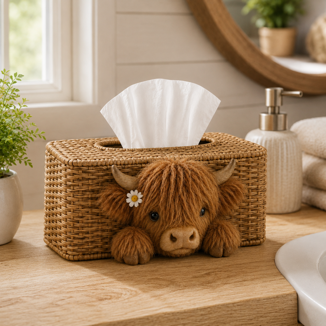 Adorable Peeking Highland Cow Tissue Box Cover – Rustic Farmhouse Decor