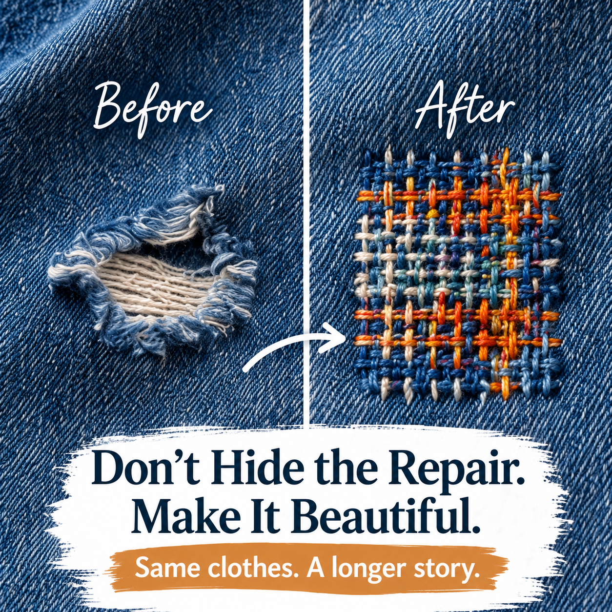 Visible mending before and after
