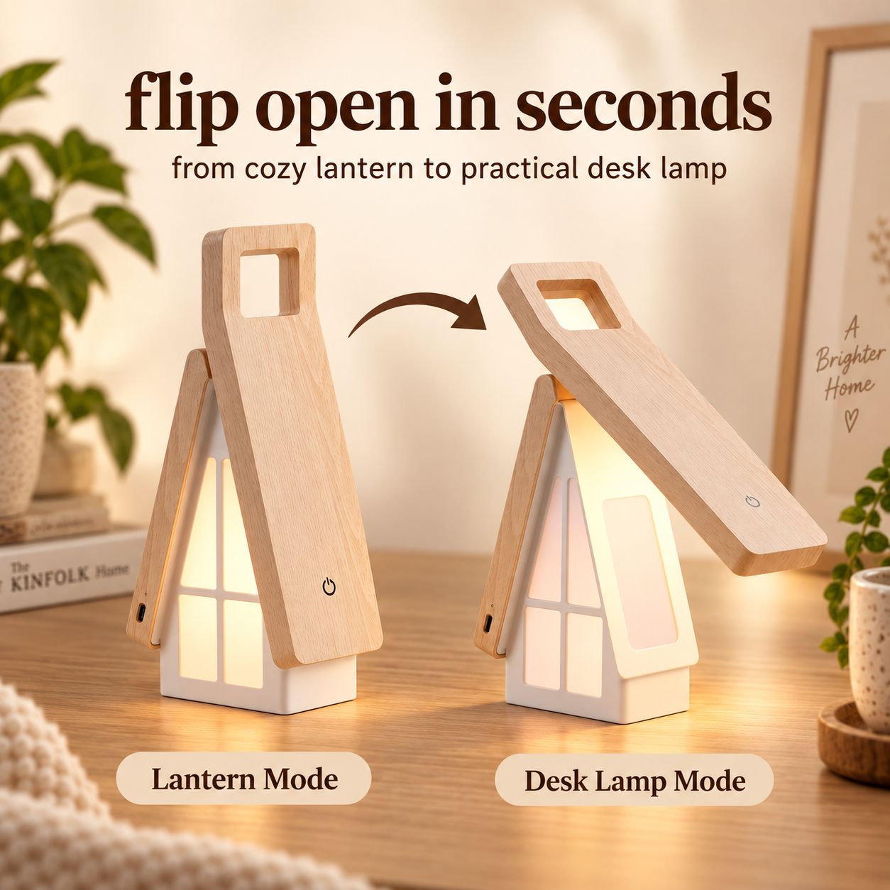 Lantern mode transforms into desk lamp mode