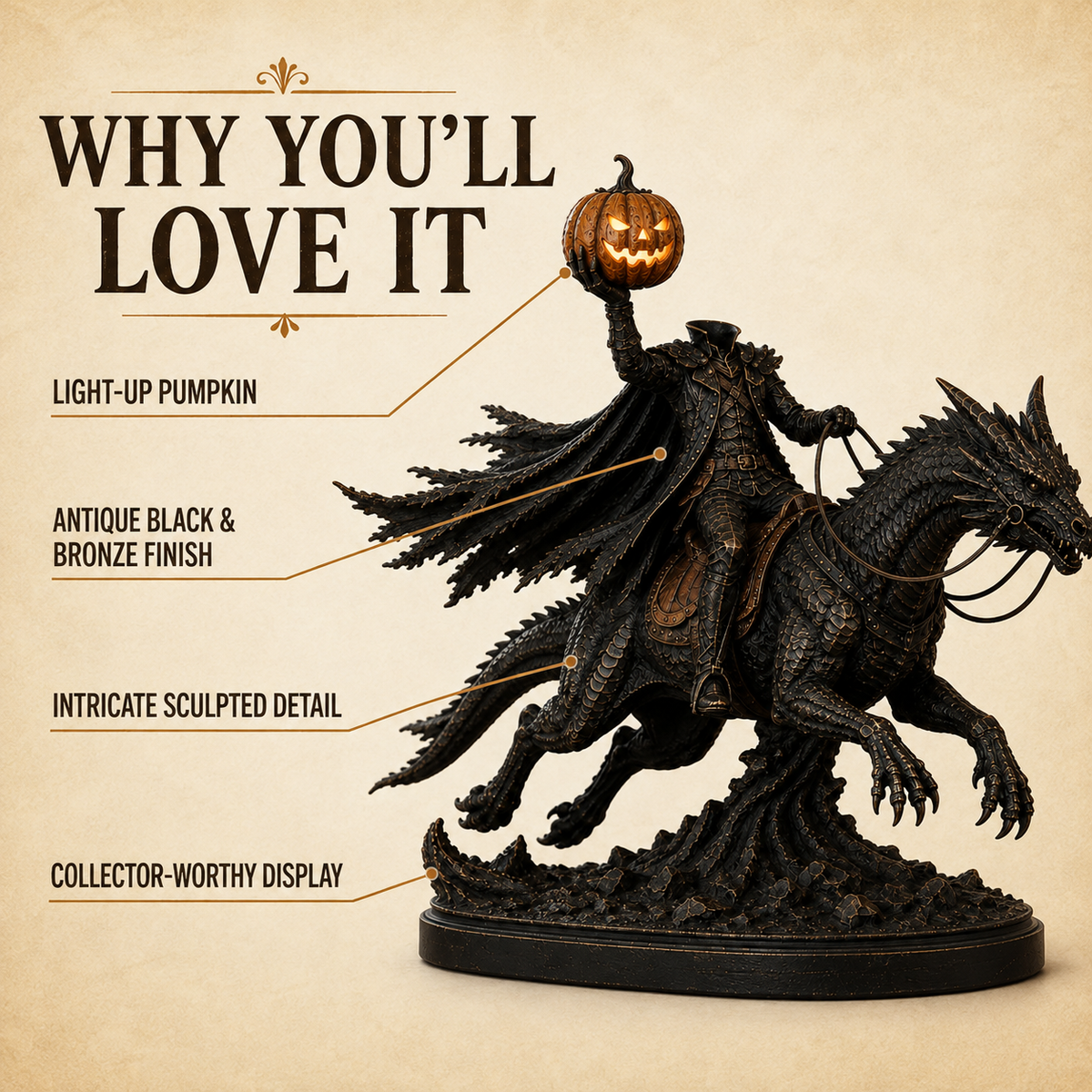 Detailed features of Light-Up Headless Horseman Dragon Statue with Timer – Gothic Halloween Decor