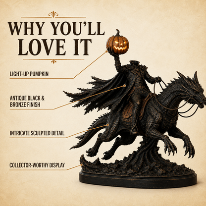 Light-Up Headless Horseman Dragon Statue with Timer – Gothic Halloween Decor