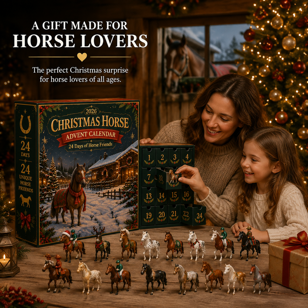 Girl opening horse advent calendar drawer