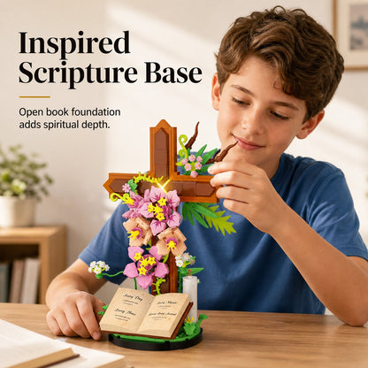 🌺💡 Illuminated Floral Cross Building Set – Peaceful DIY Book Display Decor