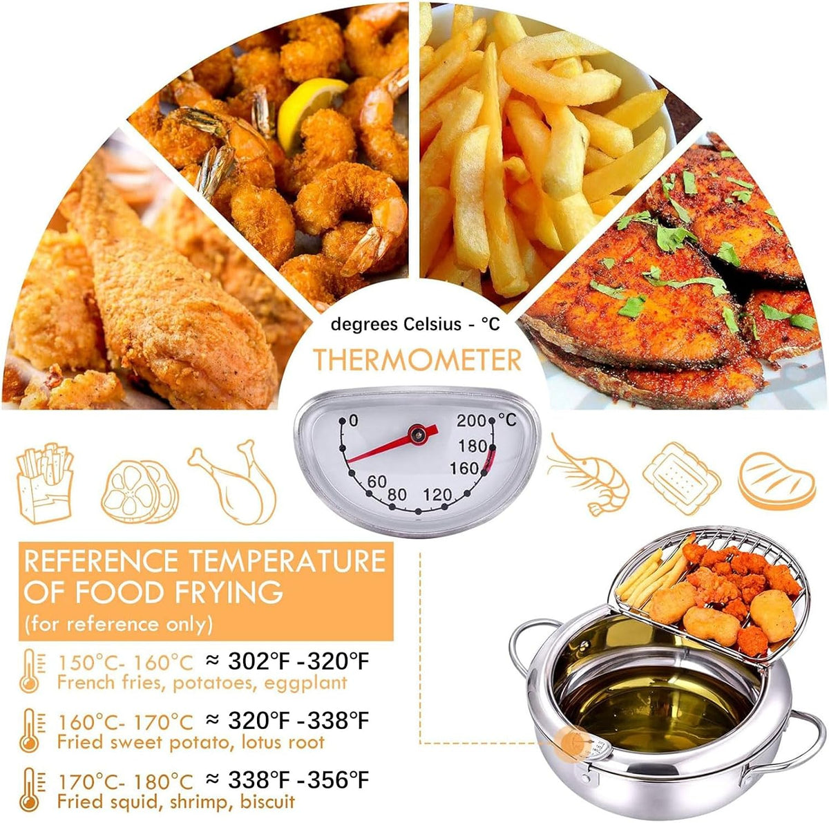 🍤🌡️ Japanese-Style Frying Pot – 304 Stainless Steel with Thermometer & Draining Basket