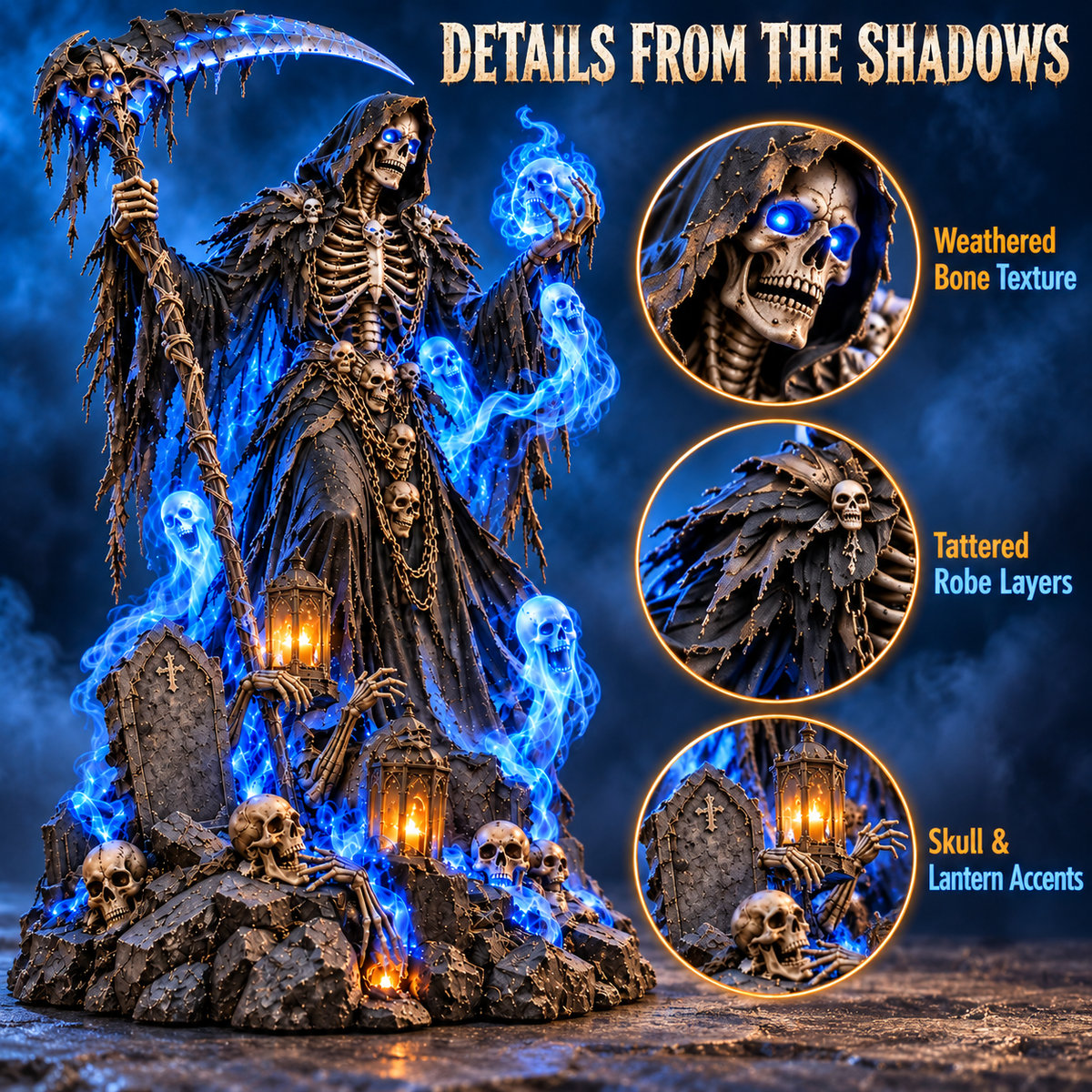 Giant Haunted Soul Reaper Lighted Halloween Yard Decoration – Glowing Grim Reaper with Ghostly Blue Spirits