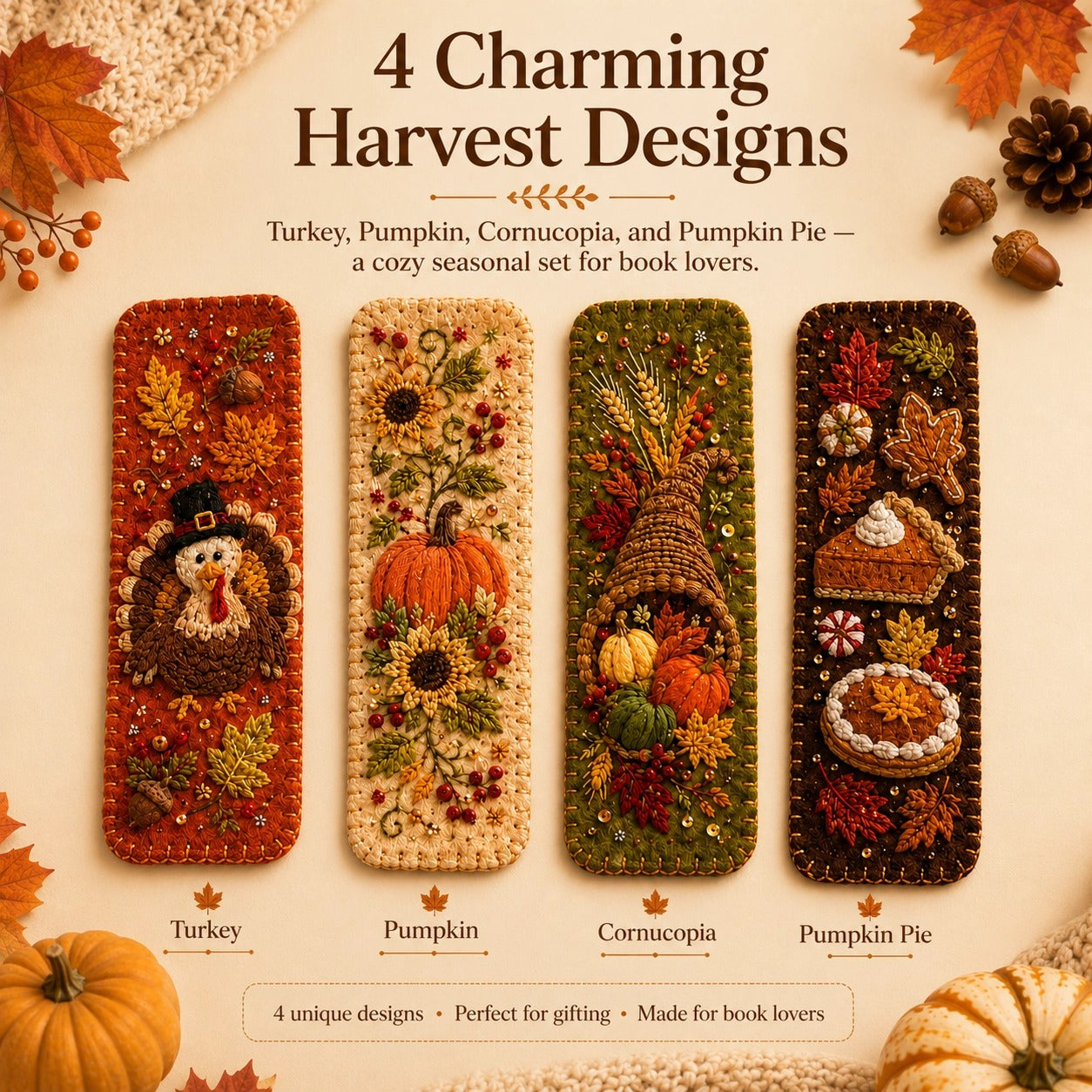 🍁 4-Piece Thanksgiving Embroidered Felt Bookmark Set