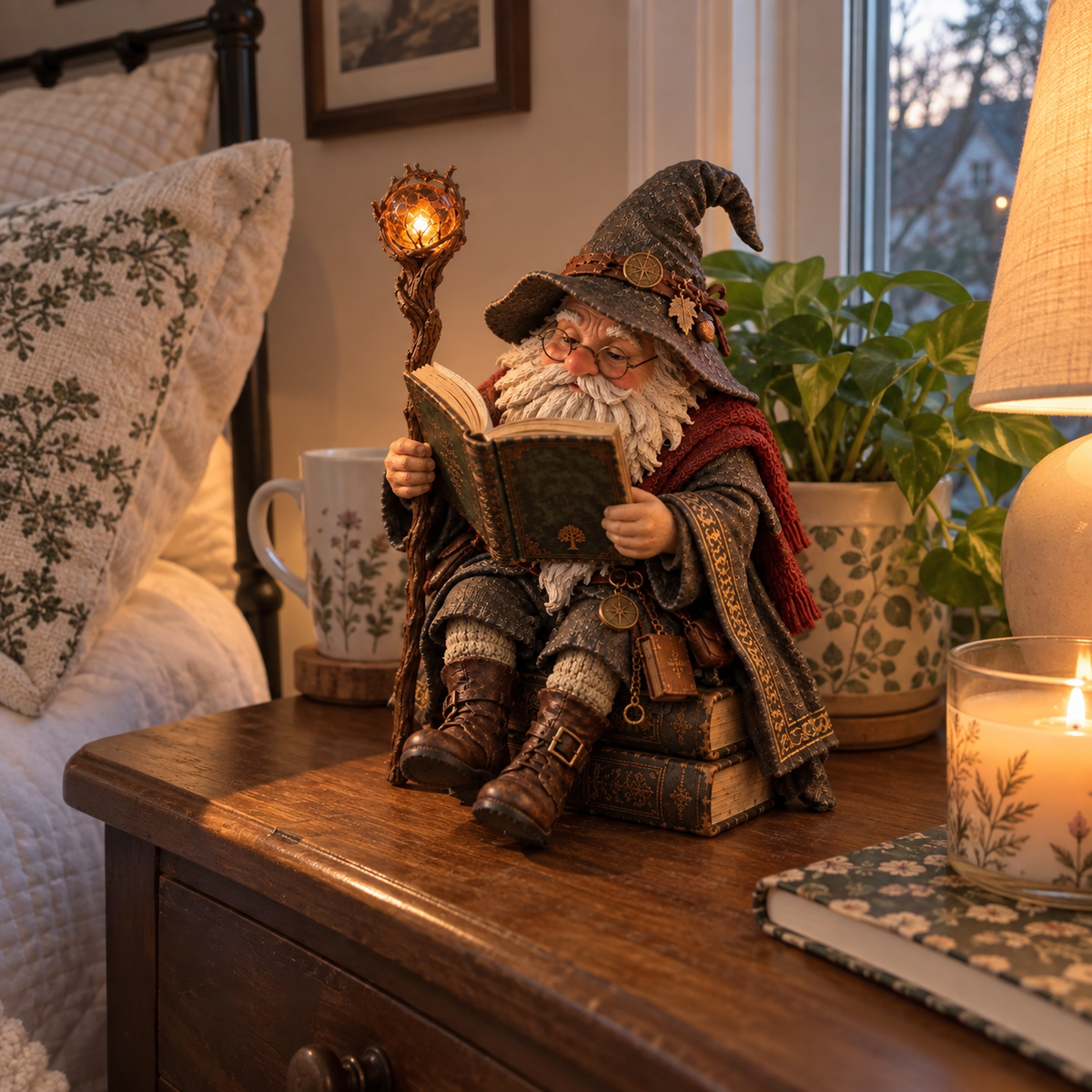 🧙‍♂️ Wise Scholar Gnome, Magical Reading Wizard Figurine